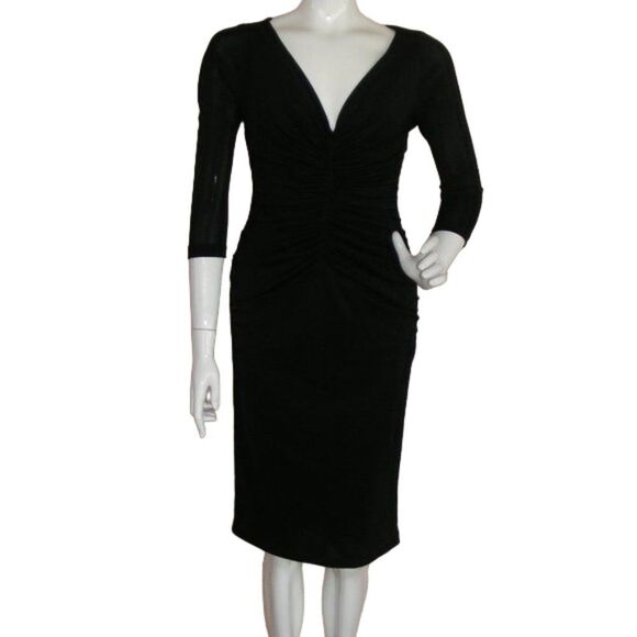 TADASHI Dress, M, Black, Ruched front, V-neck, 3/4 sleeves. Vintage 80s - Picture 1 of 8